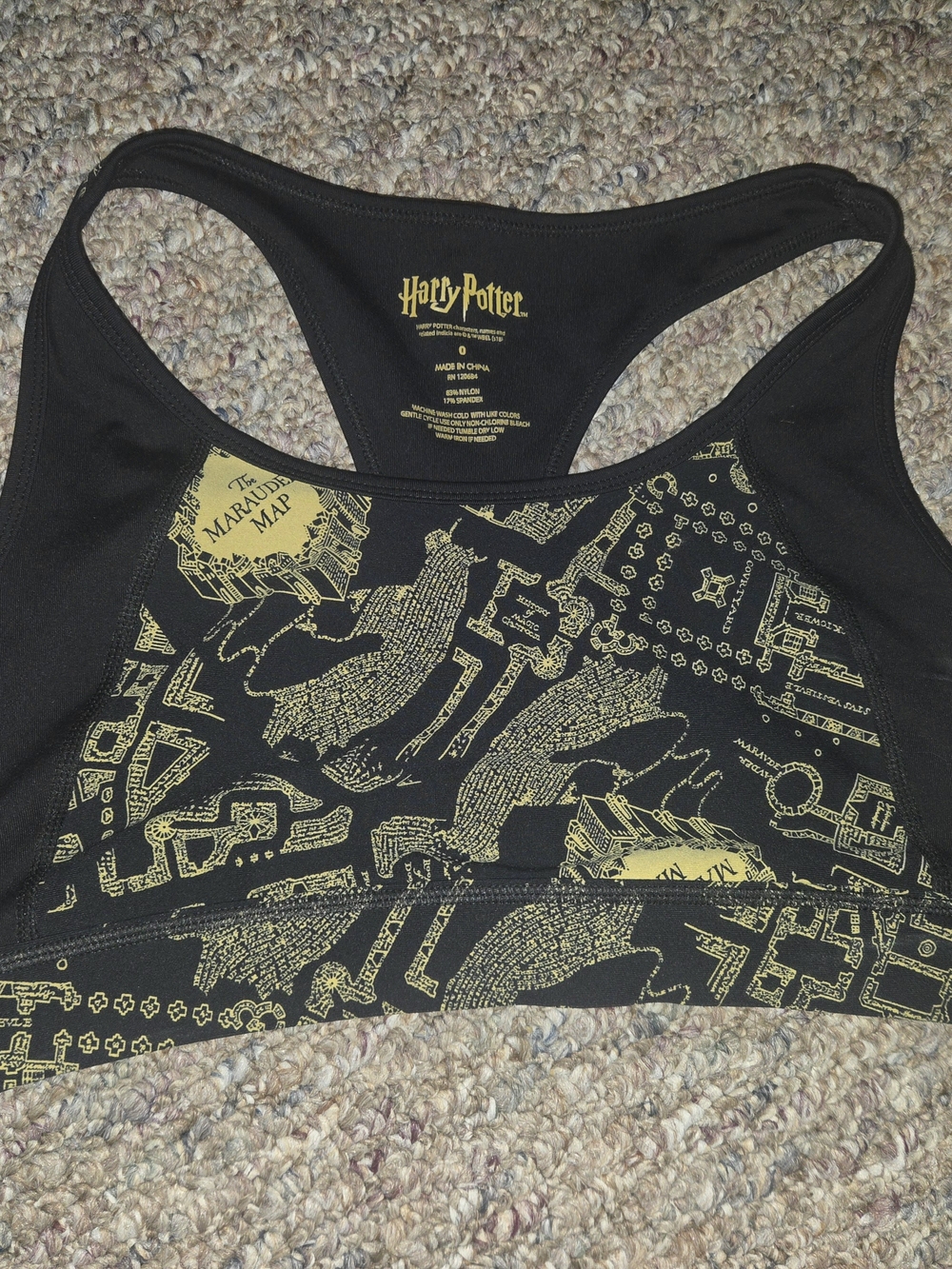 Harry Potter Black & Gold Marauder's Map Racerback Sports Bra